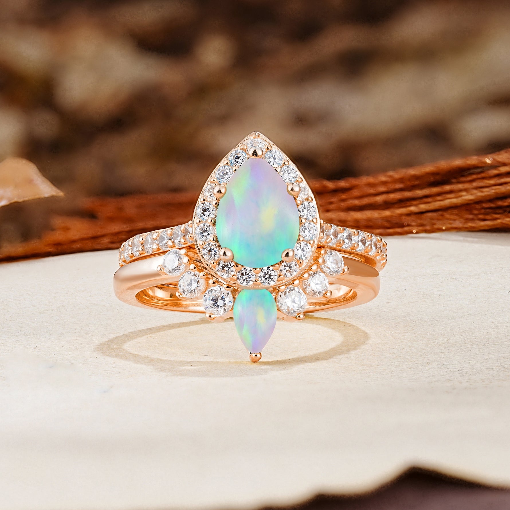 Classic Luxury Vintage 5-Prong Pear Cut Fire Opal Wedding Bride Ring Set - Additional view