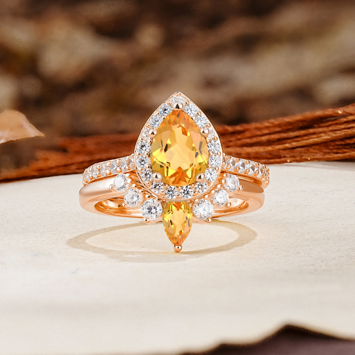 Classic Luxury Vintage 5-Prong Pear Cut Citrine Wedding Bride Ring Set - Additional view
