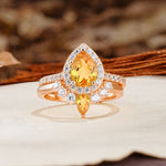 Classic Luxury Vintage 5-Prong Pear Cut Citrine Wedding Bride Ring Set - Additional view