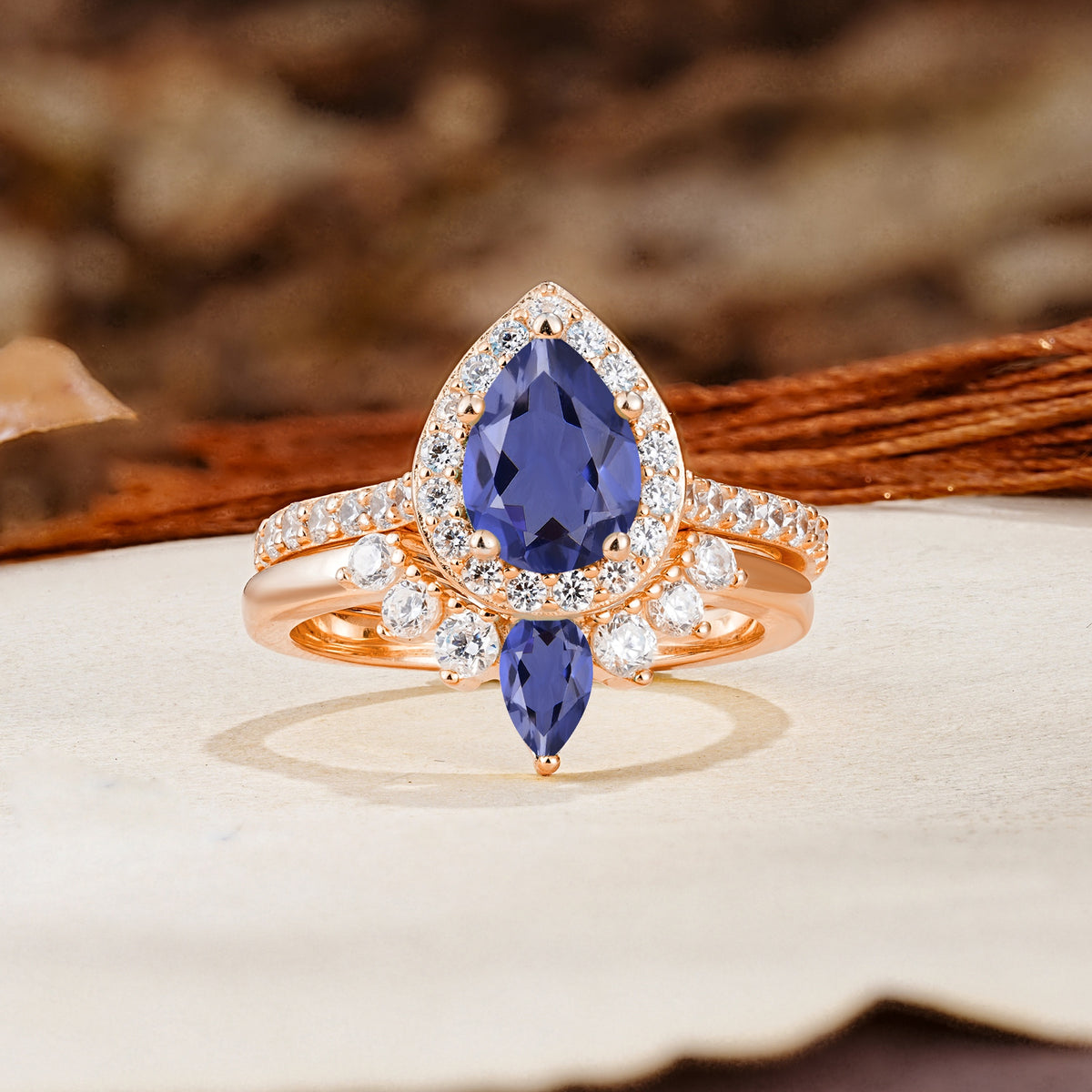 Classic Luxury Vintage 5-Prong Pear Cut Tanzanite Wedding Bride Ring Set - Additional view