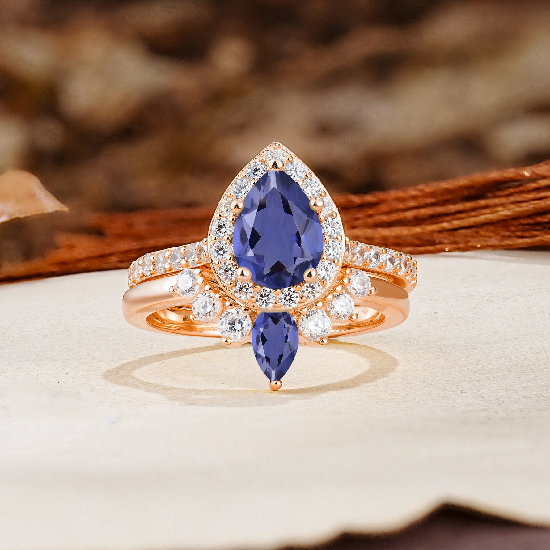 Classic Luxury Vintage 5-Prong Pear Cut Tanzanite Wedding Bride Ring Set - Additional view