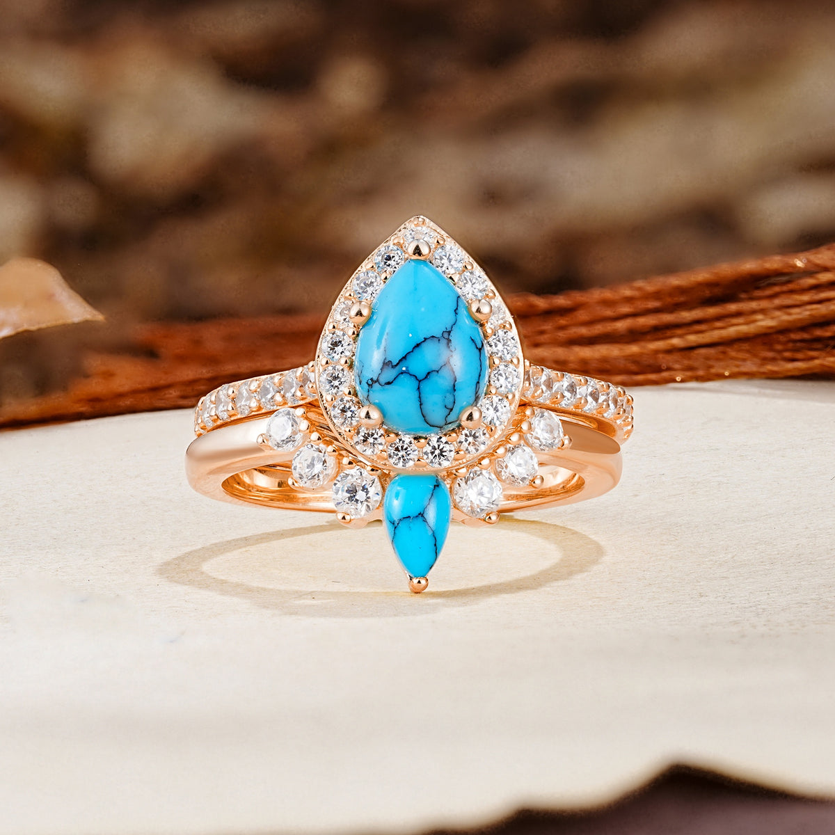 Classic Luxury Vintage 5-Prong Pear Cut Turquoise Wedding Bride Ring Set - Additional view
