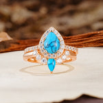 Classic Luxury Vintage 5-Prong Pear Cut Turquoise Wedding Bride Ring Set - Additional view