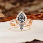 Classic Luxury Vintage 5-Prong Pear Cut Black Rutilated Quartz Wedding Bride Ring Set - Additional view