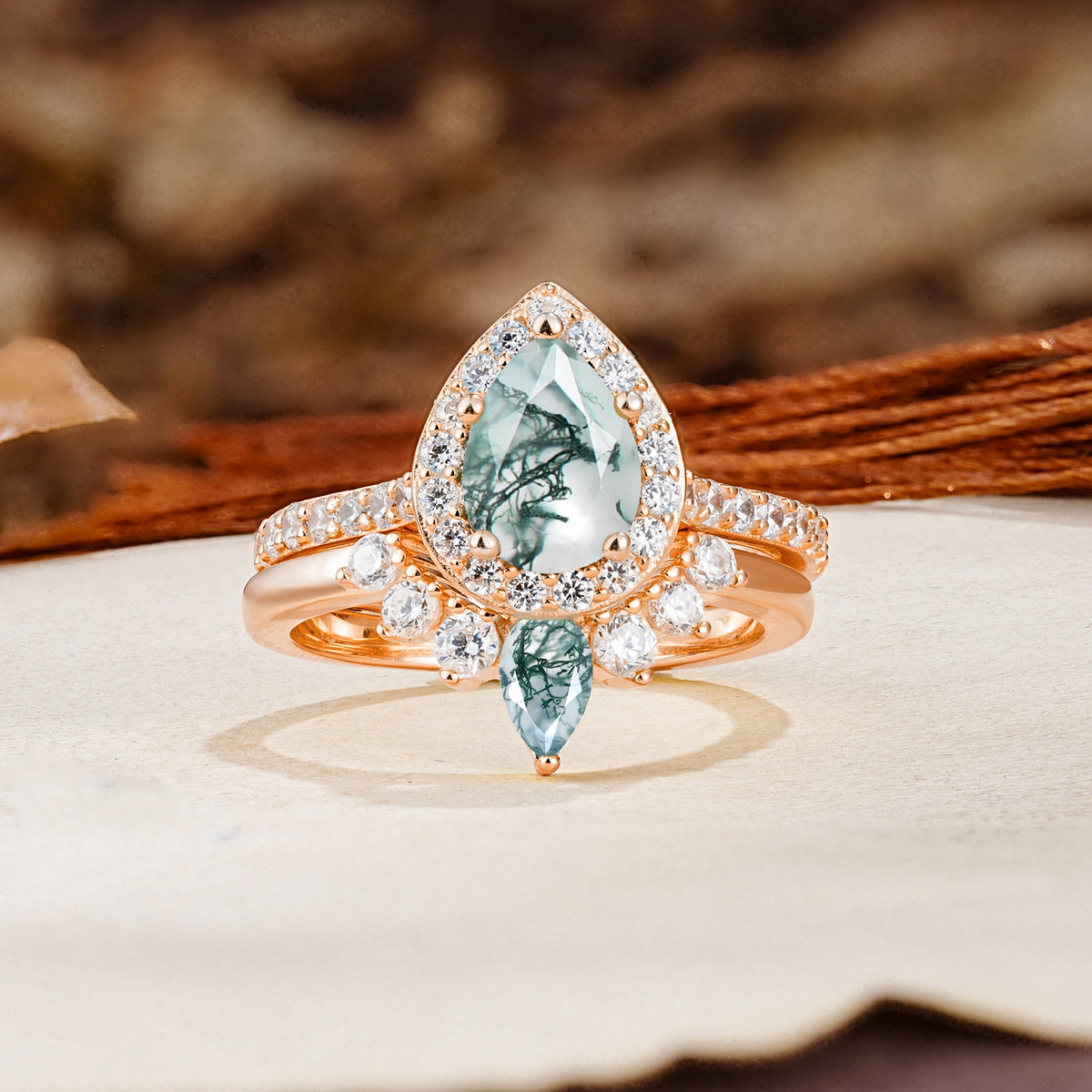 Classic Luxury Vintage 5-Prong Pear Cut Moss Agate Wedding Bride Ring Set - Additional view
