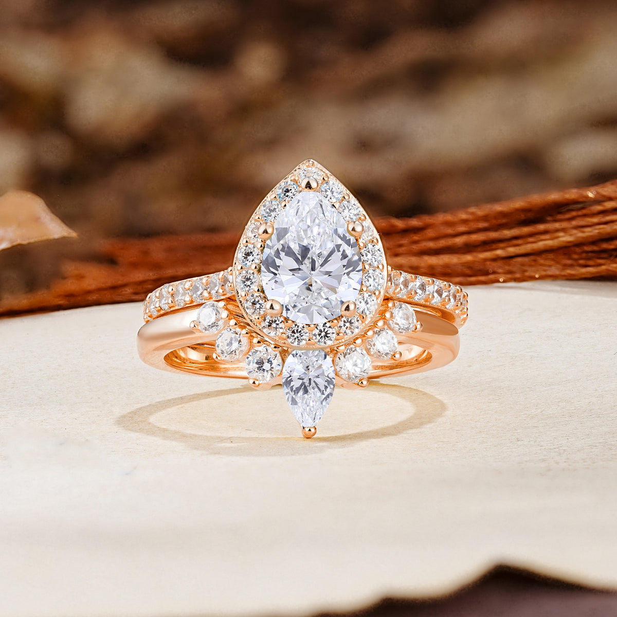 Classic Luxury Vintage 5-Prong Pear Cut Lab Diamond Wedding Bride Ring Set - Additional view