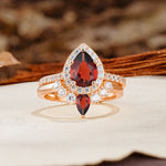Classic Luxury Vintage 5-Prong Pear Cut Garnet Wedding Bride Ring Set - Additional view
