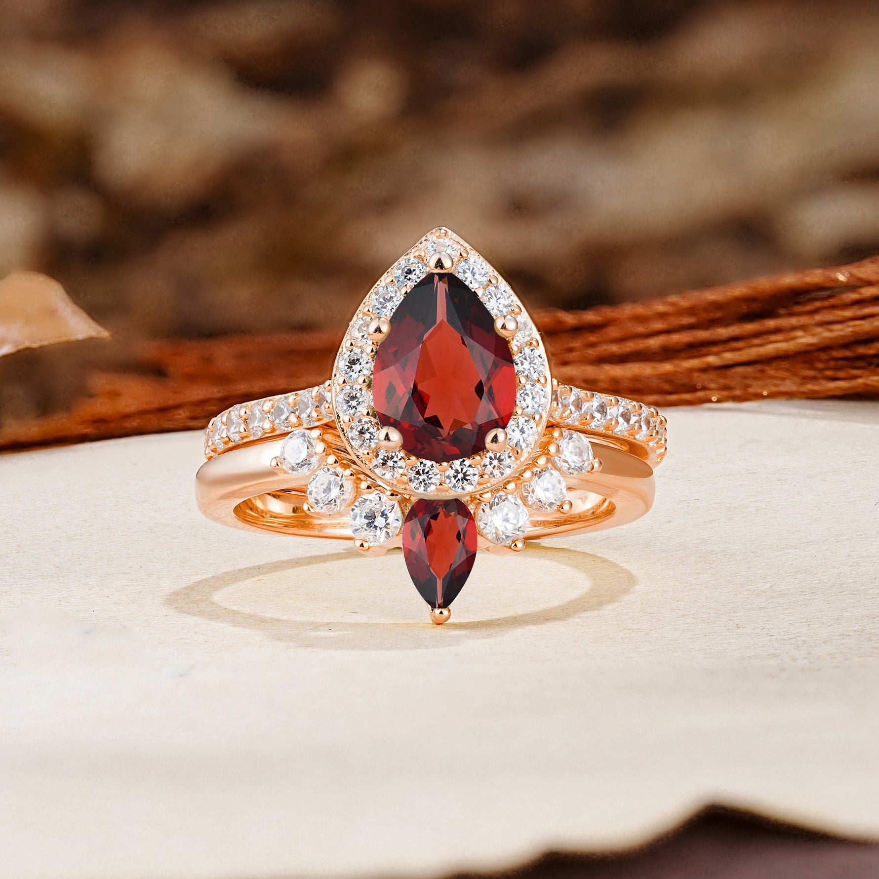 Classic Luxury Vintage 5-Prong Pear Cut Garnet Wedding Bride Ring Set - Additional view