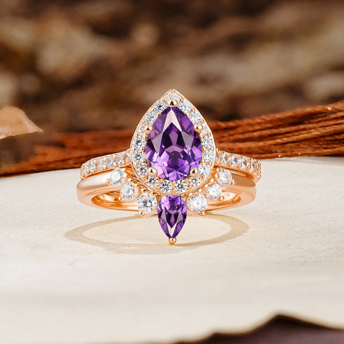 Classic Luxury Vintage 5-Prong Pear Cut Amethyst Wedding Bride Ring Set - Additional view