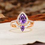 Classic Luxury Vintage 5-Prong Pear Cut Amethyst Wedding Bride Ring Set - Additional view