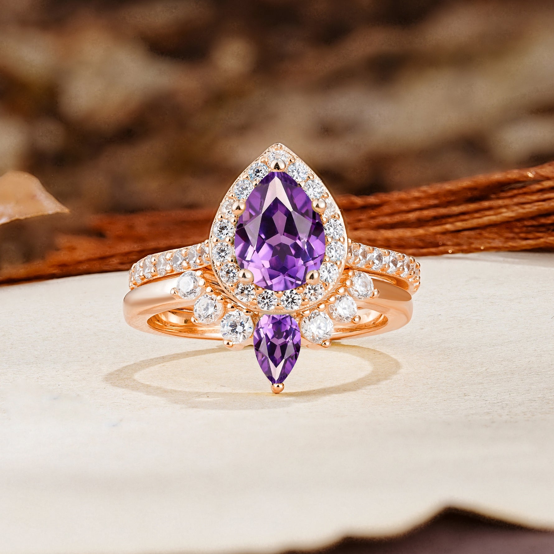 Classic Luxury Vintage 5-Prong Pear Cut Amethyst Wedding Bride Ring Set - Additional view