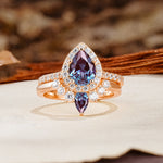 Classic Luxury Vintage 5-Prong Pear Cut Alexandrite Wedding Bride Ring Set - Additional view