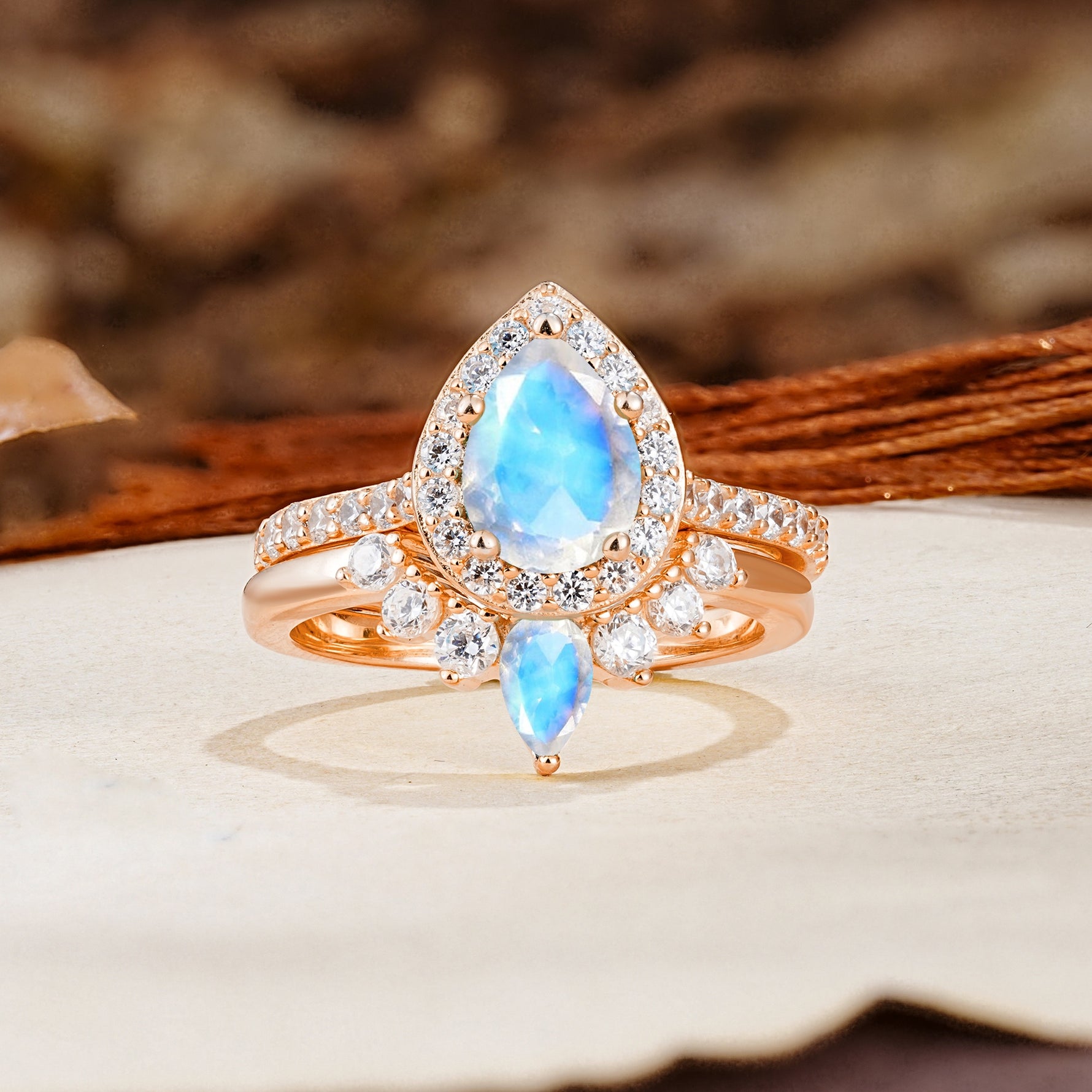 Classic Luxury Vintage 5-Prong Pear Cut Moonstone Wedding Bride Ring Set - Additional view