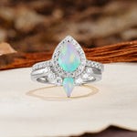 Classic Luxury Vintage 5-Prong Pear Cut Fire Opal Wedding Bride Ring Set - Additional view
