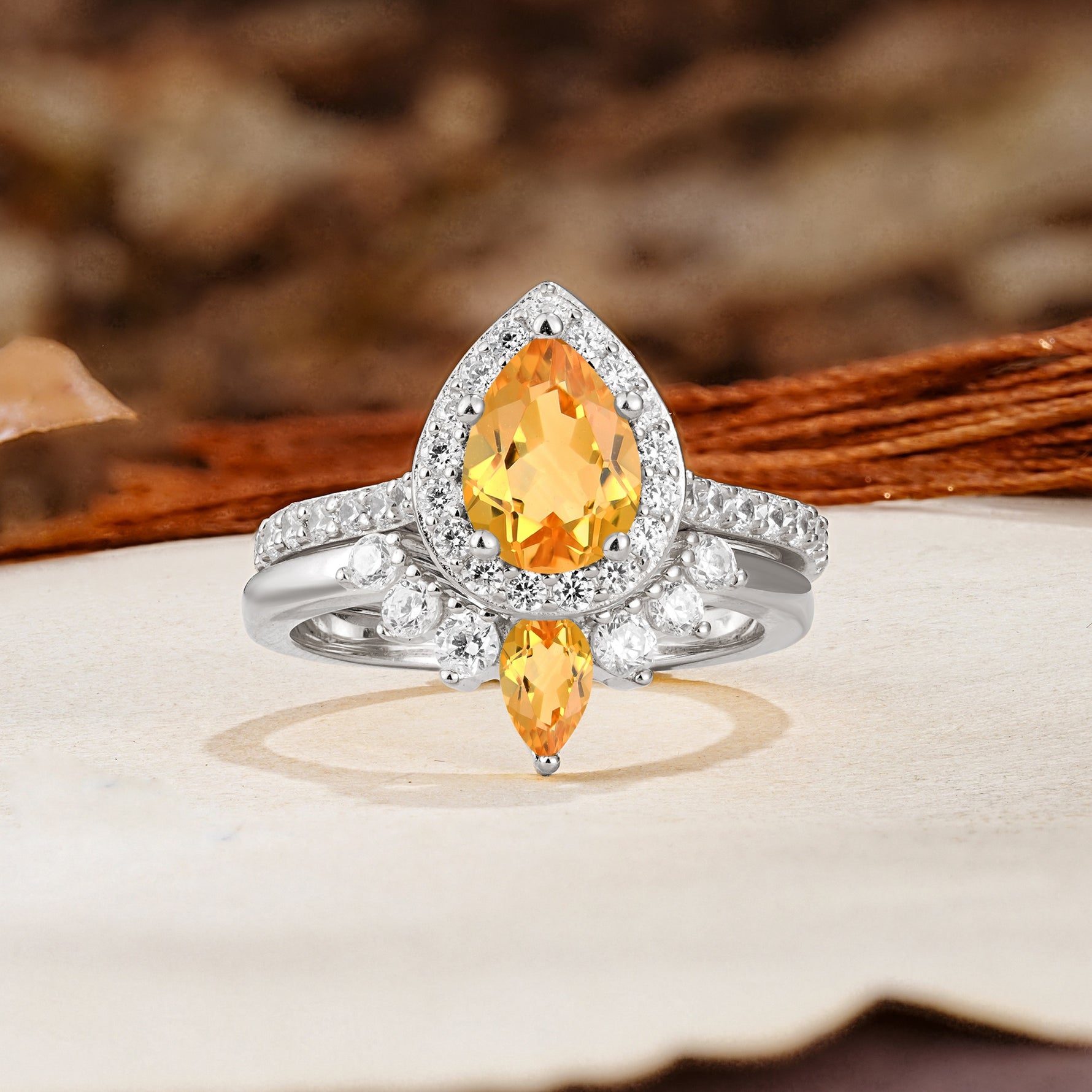 Classic Luxury Vintage 5-Prong Pear Cut Citrine Wedding Bride Ring Set - Additional view