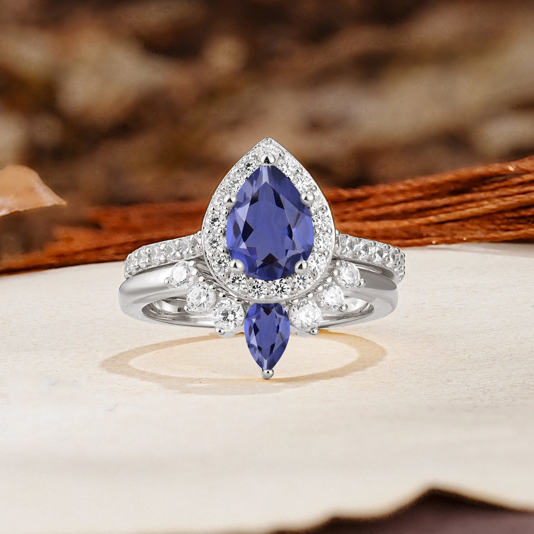 Classic Luxury Vintage 5-Prong Pear Cut Tanzanite Wedding Bride Ring Set - Additional view