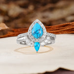Classic Luxury Vintage 5-Prong Pear Cut Turquoise Wedding Bride Ring Set - Additional view