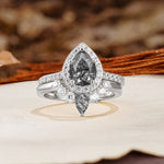 Classic Luxury Vintage 5-Prong Pear Cut Black Rutilated Quartz Wedding Bride Ring Set - Additional view
