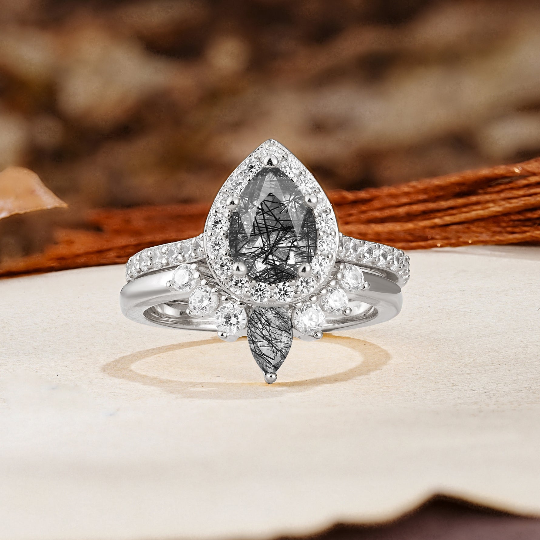 Classic Luxury Vintage 5-Prong Pear Cut Black Rutilated Quartz Wedding Bride Ring Set - Additional view