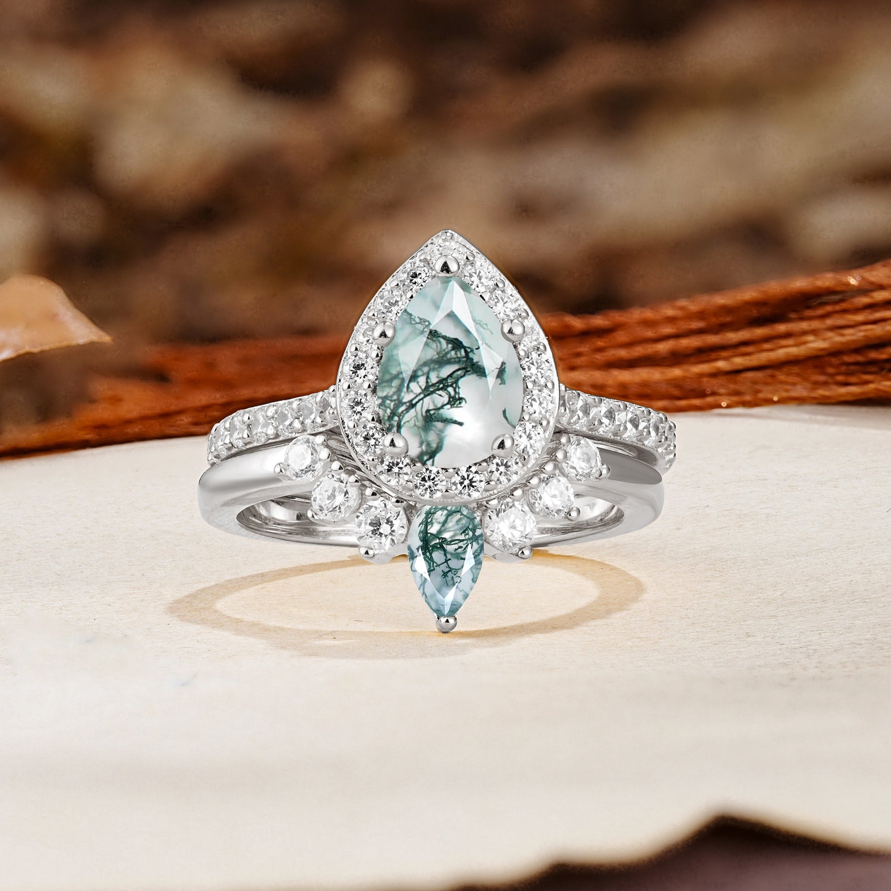 Classic Luxury Vintage 5-Prong Pear Cut Moss Agate Wedding Bride Ring Set - Additional view