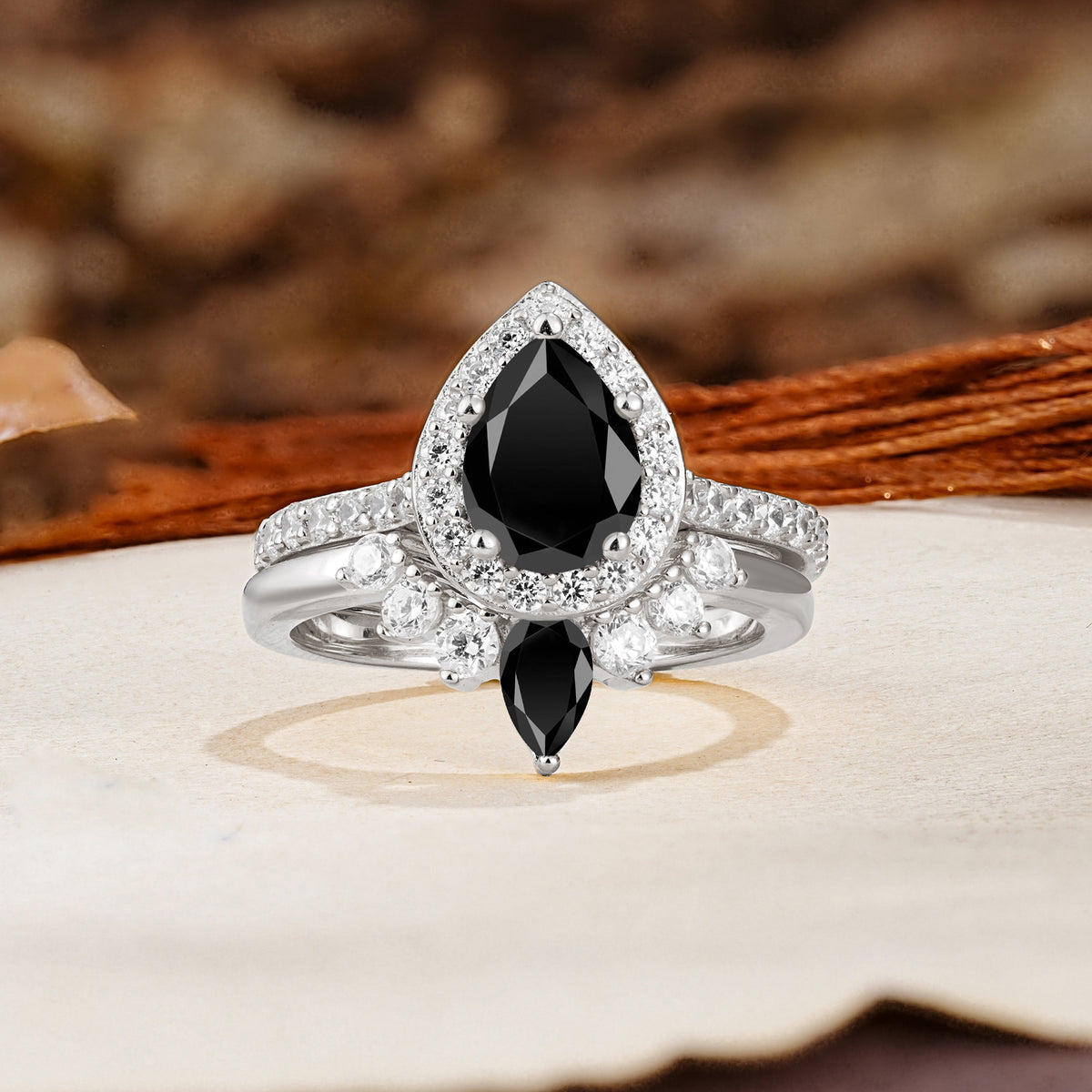 Classic Luxury Vintage 5-Prong Pear Cut Black Onyx Wedding Bride Ring Set - Additional view