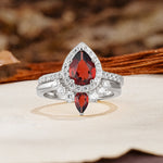 Classic Luxury Vintage 5-Prong Pear Cut Garnet Wedding Bride Ring Set - Additional view