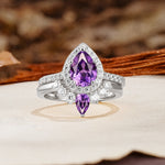 Classic Luxury Vintage 5-Prong Pear Cut Amethyst Wedding Bride Ring Set - Additional view