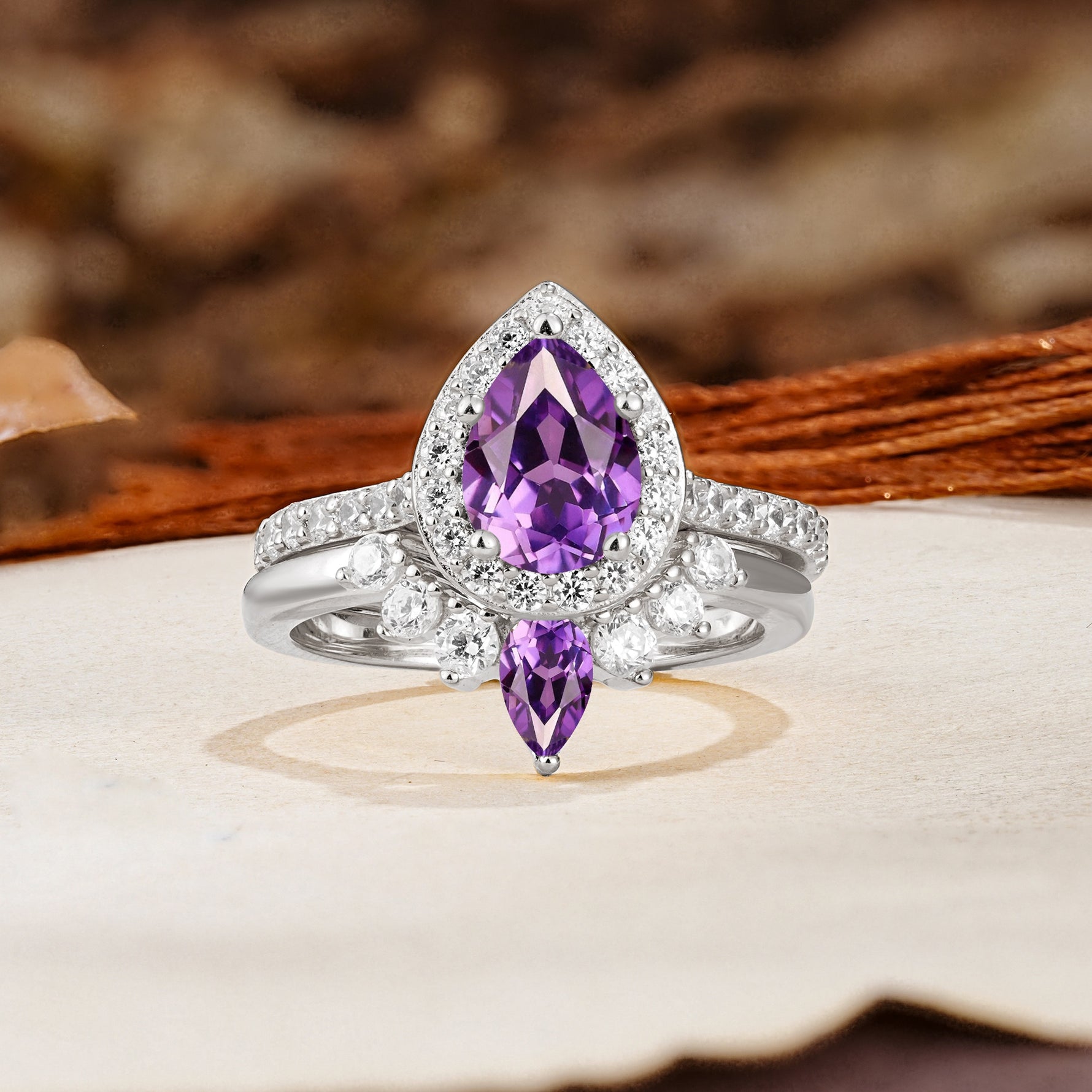 Classic Luxury Vintage 5-Prong Pear Cut Amethyst Wedding Bride Ring Set - Additional view