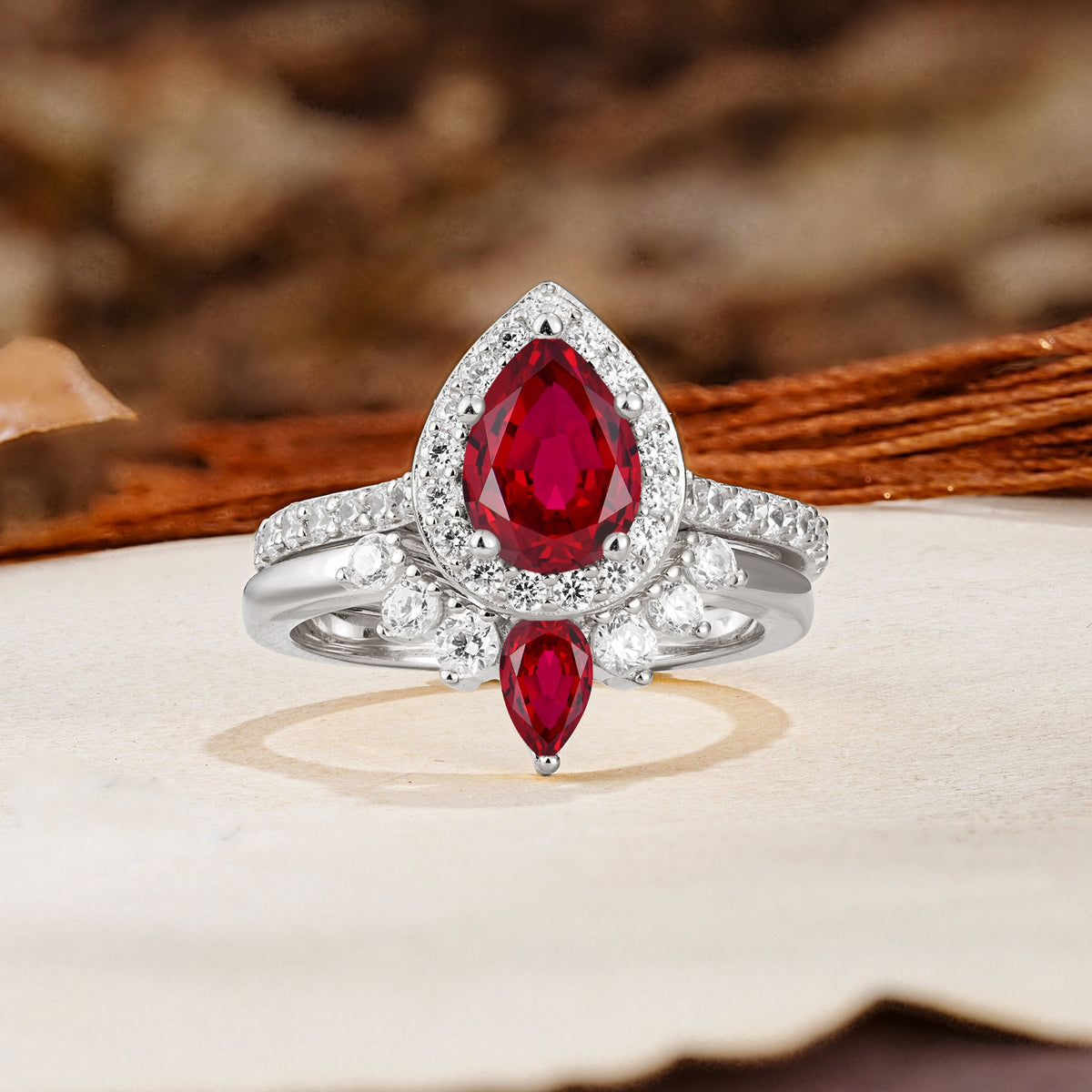 Classic Luxury Vintage 5-Prong Pear Cut Ruby Wedding Bride Ring Set - Additional view