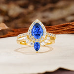Classic Luxury Vintage 5-Prong Pear Cut Sapphire Wedding Bride Ring Set - Additional view