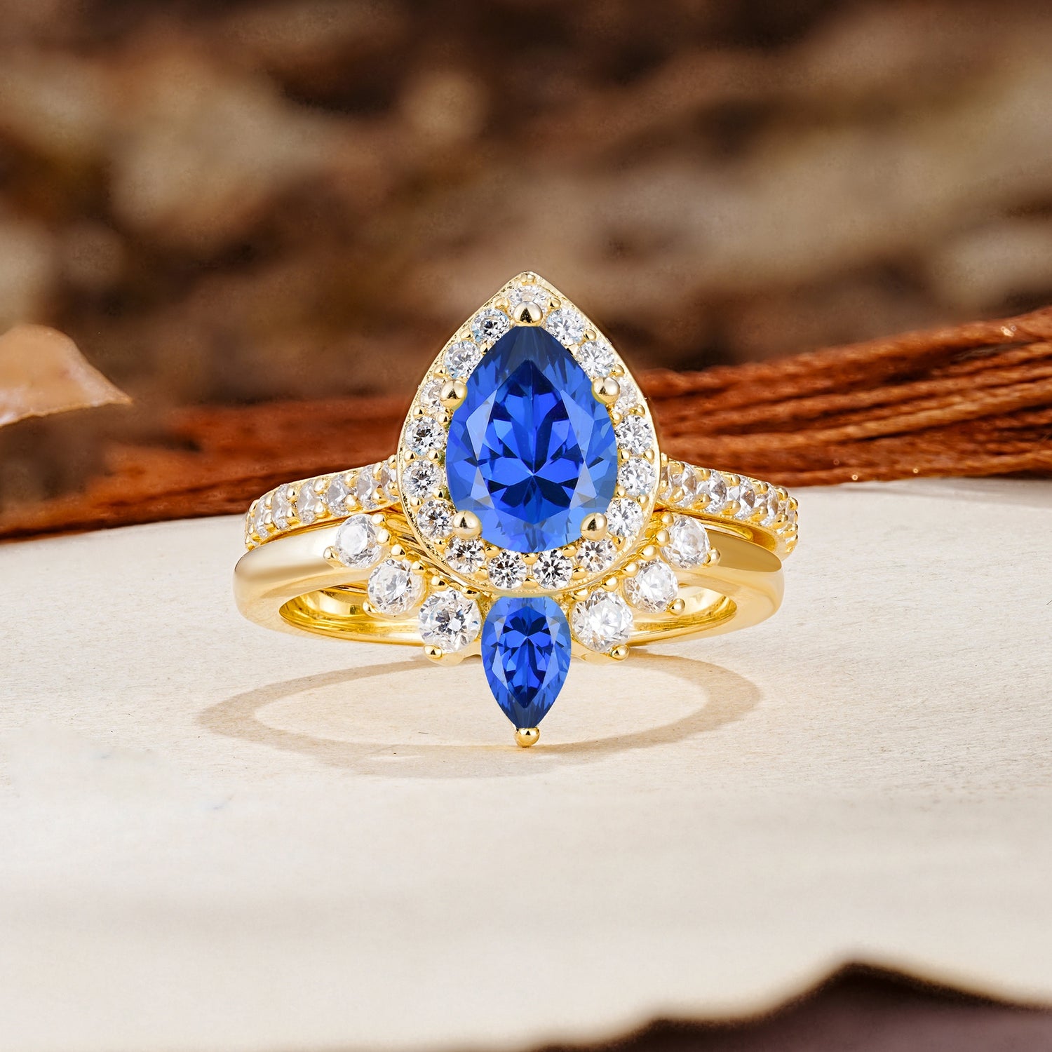 Classic Luxury Vintage 5-Prong Pear Cut Sapphire Wedding Bride Ring Set - Additional view