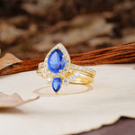 Classic Luxury Vintage 5-Prong Pear Cut Sapphire Wedding Bride Ring Set - Additional view