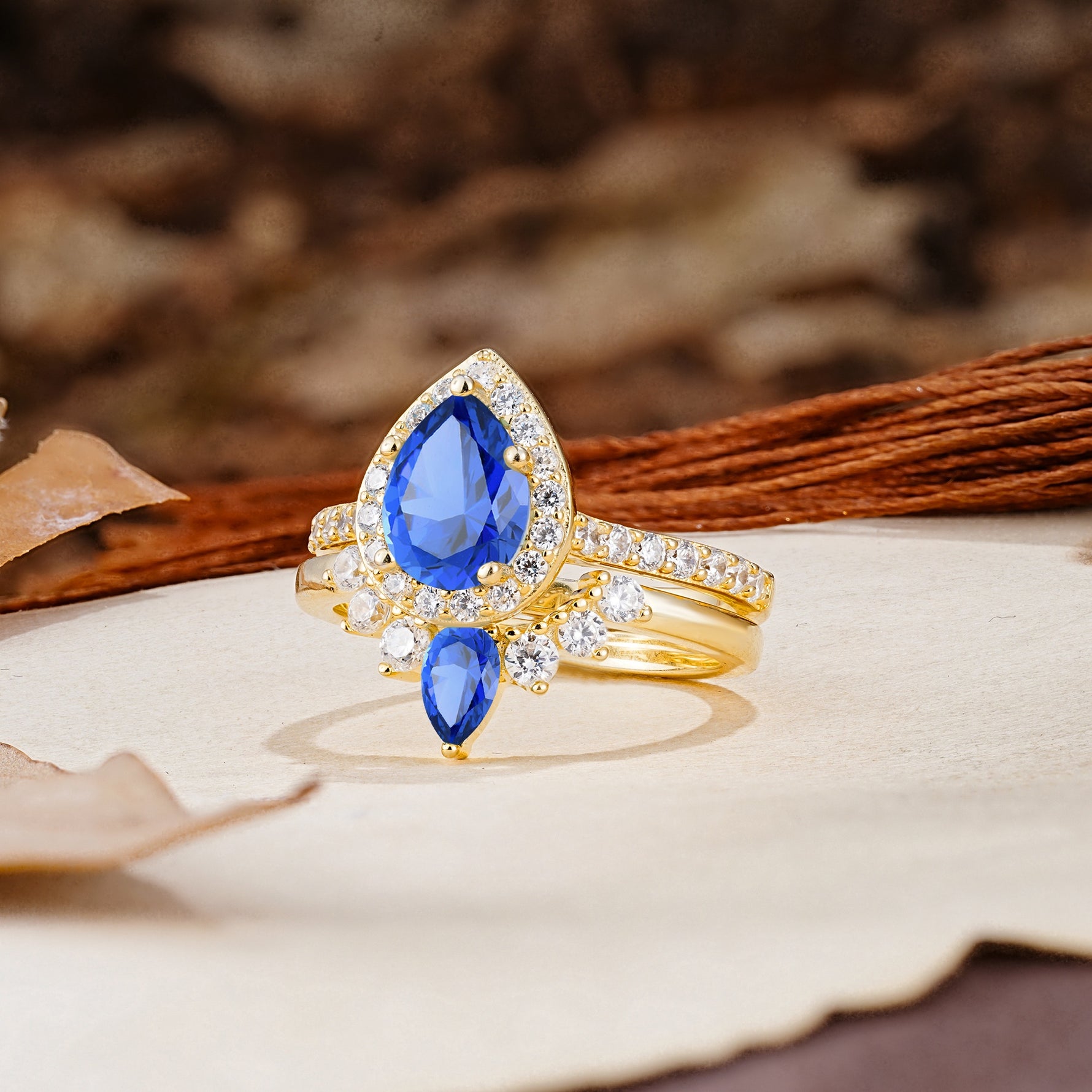 Classic Luxury Vintage 5-Prong Pear Cut Sapphire Wedding Bride Ring Set - Additional view
