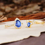 Classic Luxury Vintage 5-Prong Pear Cut Sapphire Wedding Bride Ring Set - Additional view