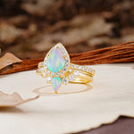Classic Luxury Vintage 5-Prong Pear Cut Fire Opal Wedding Bride Ring Set - Additional view