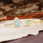 Classic Luxury Vintage 5-Prong Pear Cut Fire Opal Wedding Bride Ring Set - Additional view