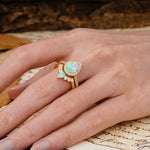 Classic Luxury Vintage 5-Prong Pear Cut Fire Opal Wedding Bride Ring Set - Additional view