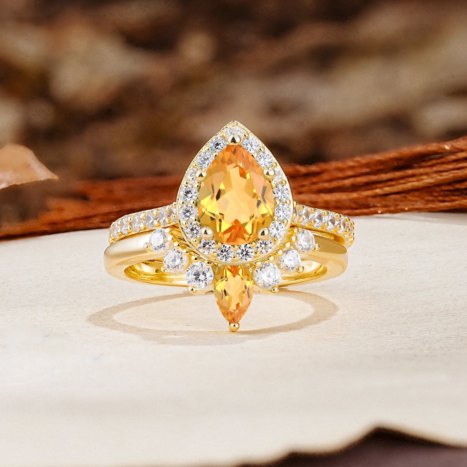 Classic Luxury Vintage 5-Prong Pear Cut Citrine Wedding Bride Ring Set - Additional view