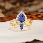 Classic Luxury Vintage 5-Prong Pear Cut Tanzanite Wedding Bride Ring Set - Additional view
