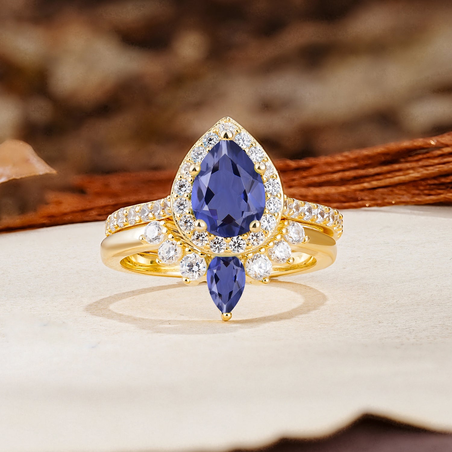 Classic Luxury Vintage 5-Prong Pear Cut Tanzanite Wedding Bride Ring Set - Additional view