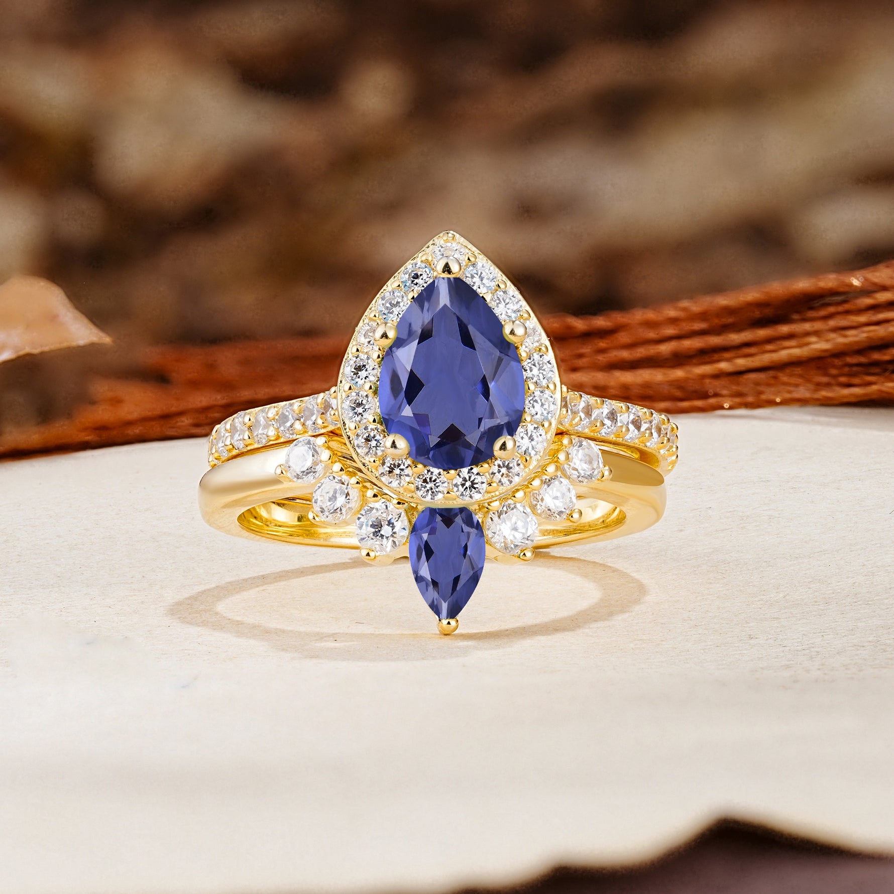 Classic Luxury Vintage 5-Prong Pear Cut Tanzanite Wedding Bride Ring Set - Additional view