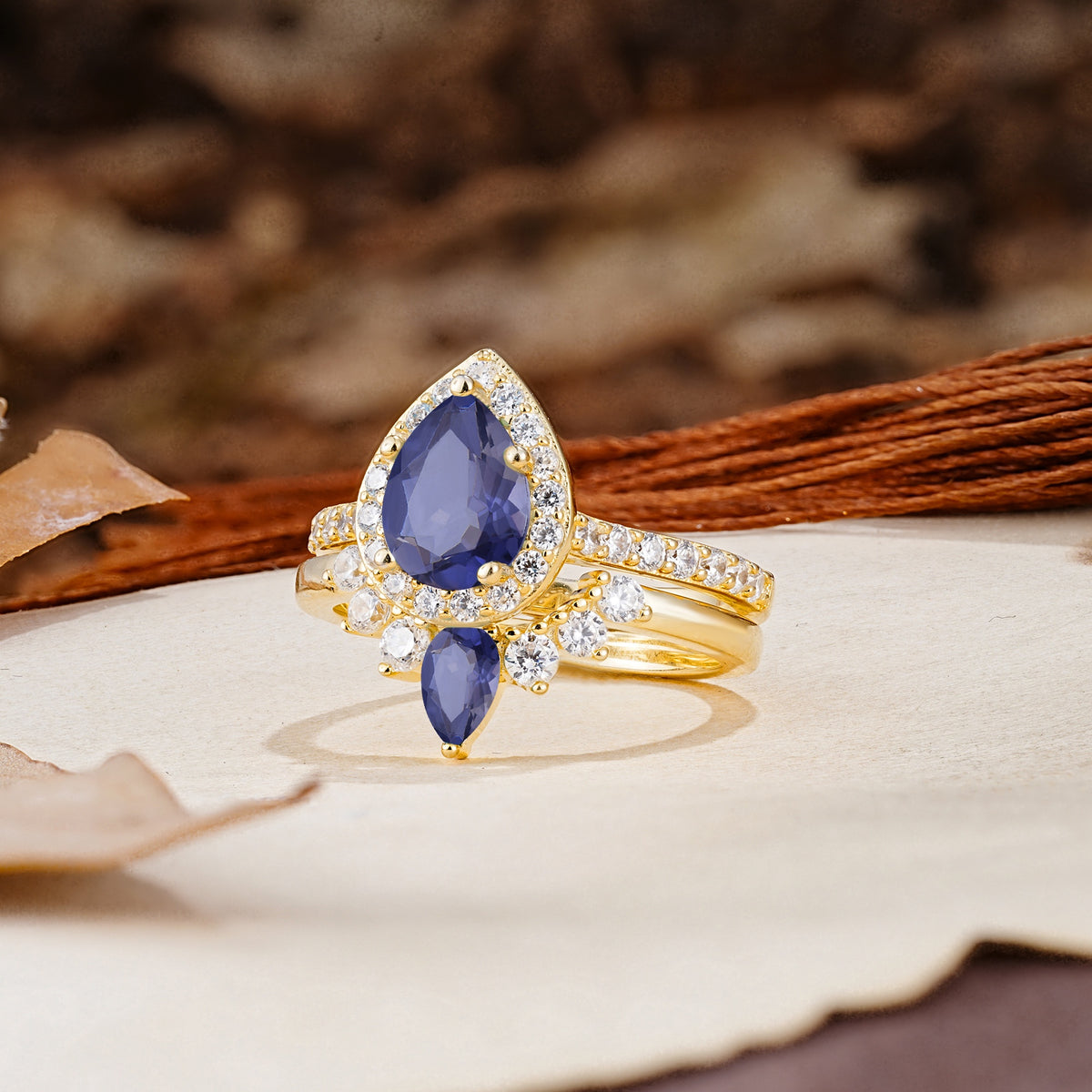 Classic Luxury Vintage 5-Prong Pear Cut Tanzanite Wedding Bride Ring Set - Additional view