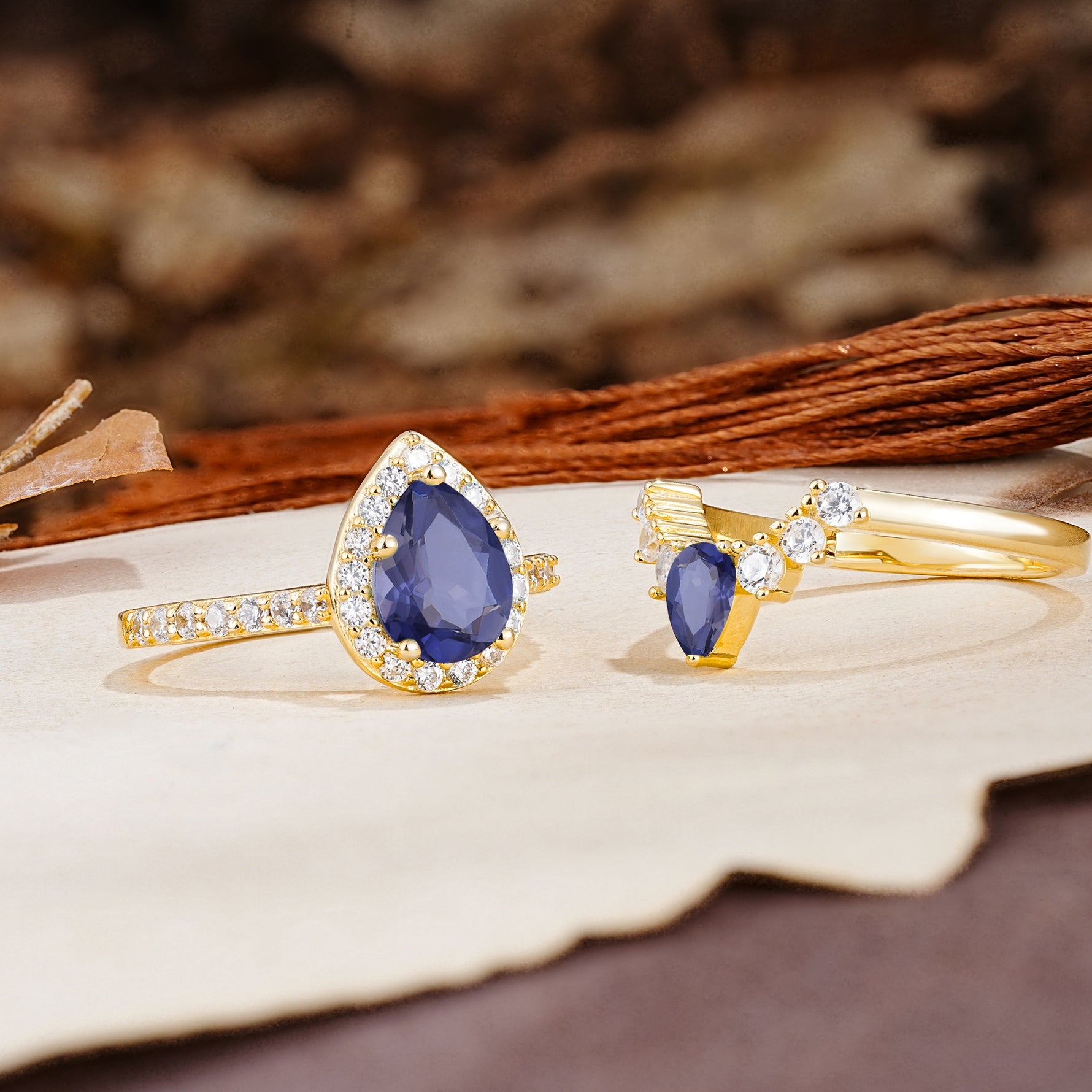 Classic Luxury Vintage 5-Prong Pear Cut Tanzanite Wedding Bride Ring Set - Additional view
