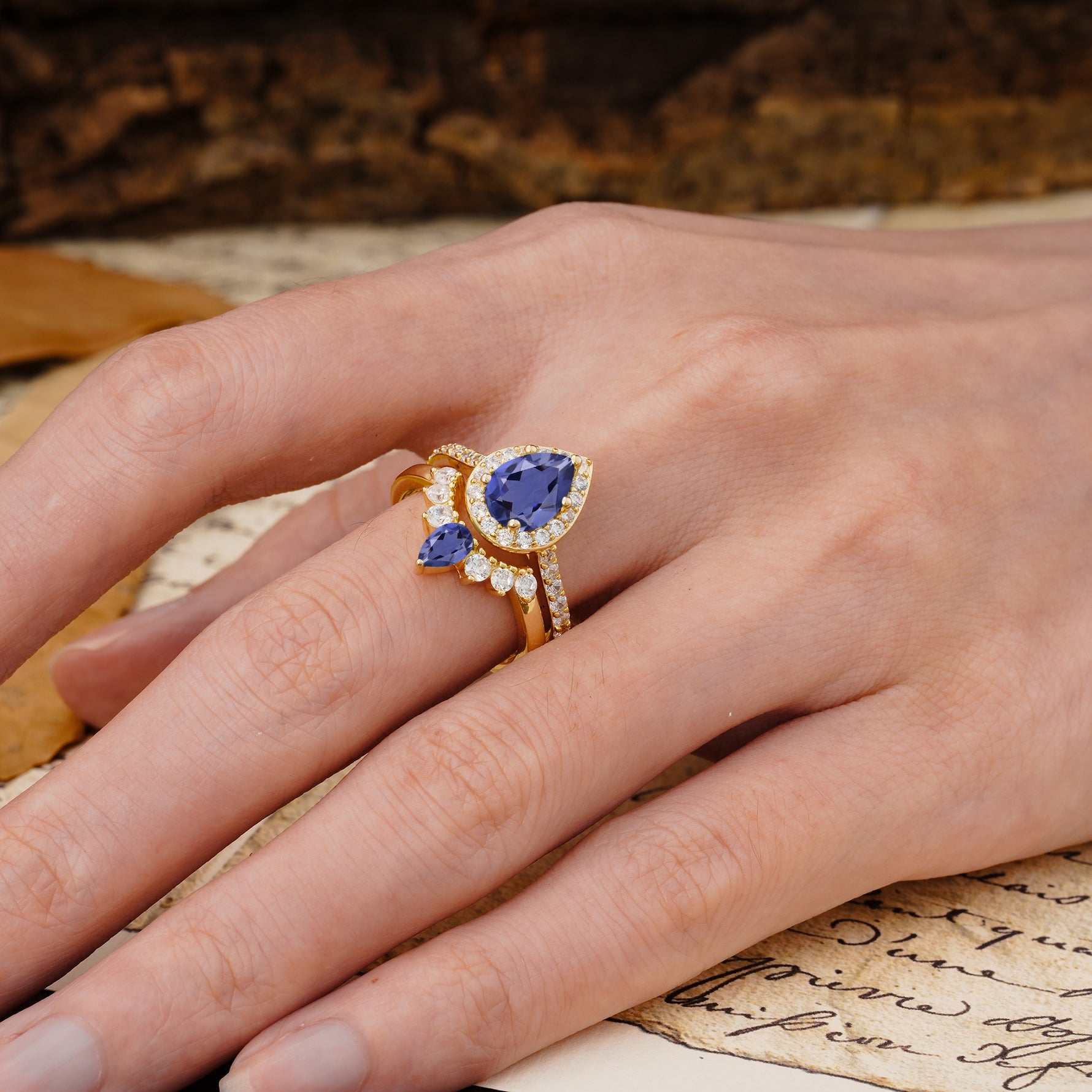 Classic Luxury Vintage 5-Prong Pear Cut Tanzanite Wedding Bride Ring Set - Additional view