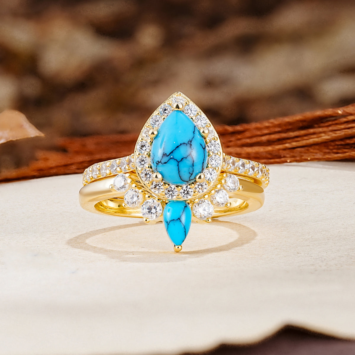 Classic Luxury Vintage 5-Prong Pear Cut Turquoise Wedding Bride Ring Set - Additional view
