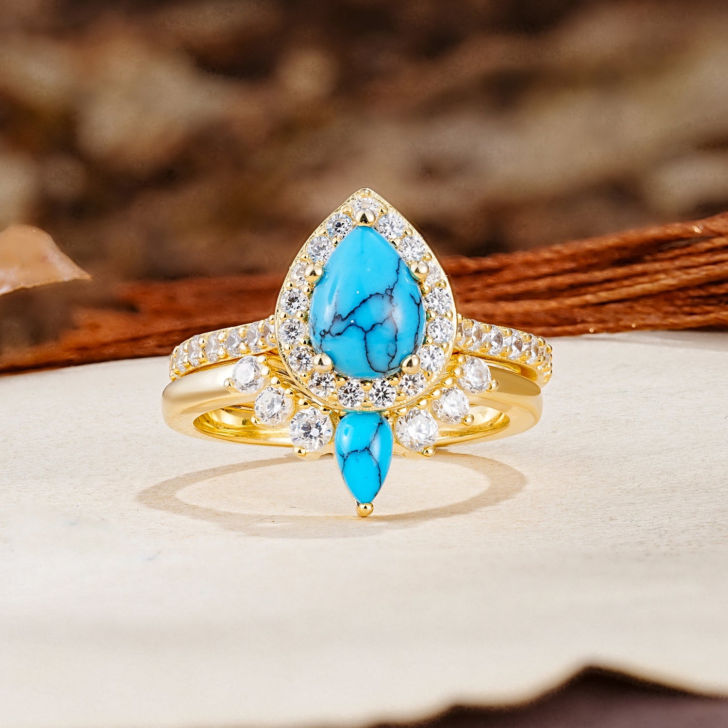 Classic Luxury Vintage 5-Prong Pear Cut Turquoise Wedding Bride Ring Set - Additional view