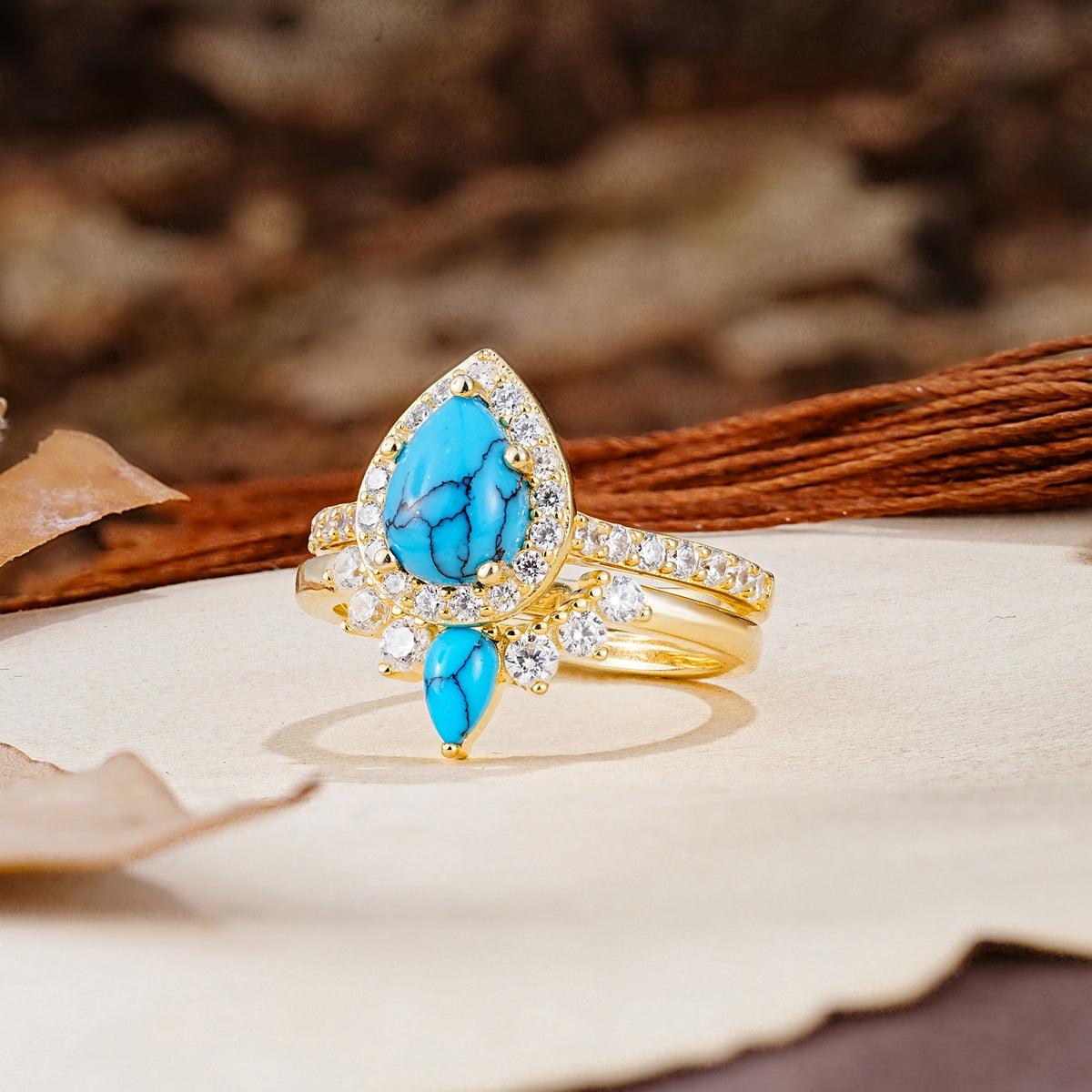 Classic Luxury Vintage 5-Prong Pear Cut Turquoise Wedding Bride Ring Set - Additional view
