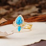 Classic Luxury Vintage 5-Prong Pear Cut Turquoise Wedding Bride Ring Set - Additional view