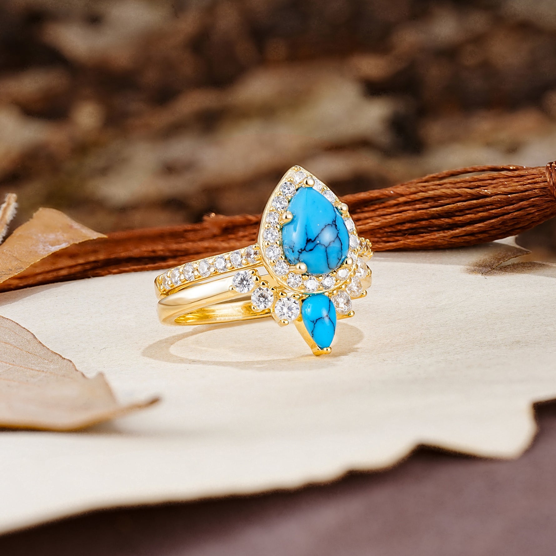 Classic Luxury Vintage 5-Prong Pear Cut Turquoise Wedding Bride Ring Set - Additional view