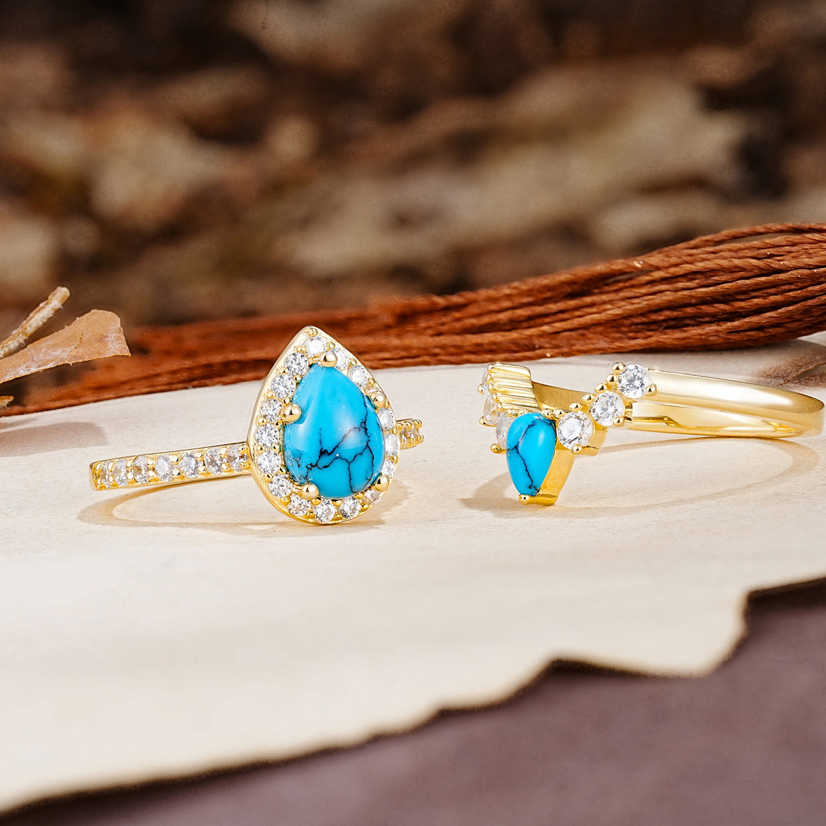 Classic Luxury Vintage 5-Prong Pear Cut Turquoise Wedding Bride Ring Set - Additional view